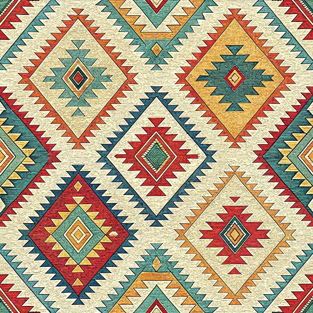 turkish kilim, geometric pattern, diamond motifs, aztec design, tribal pattern, rust red, teal blue, cream beige, golden yellow, orange accents, southwestern style, ethnic design,, fabric panel, repetitive motifs, angular shapes, woven texture appearance, bohemian style, folk art pattern, earthy tones