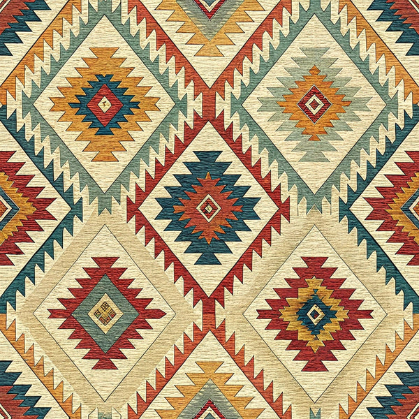cream, rust red, teal blue, golden orange, sage green, geometric diamonds, zigzag borders, southwestern motifs, native american inspired, kilim pattern, tribal design, cotton fabric, quilting panel, earthy tones, stepped patterns, diamond medallions, angular designs, woven texture appearance, desert colors, ethnic motifs