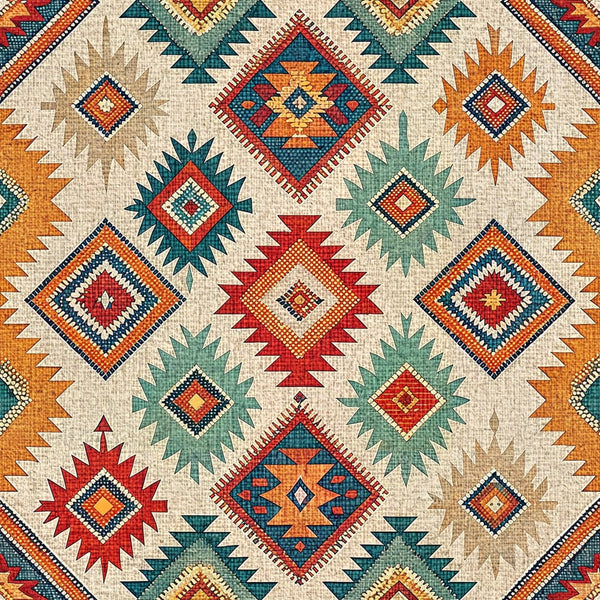 turkish kilim, geometric patterns, diamond motifs, star designs, tribal patterns, southwestern style, aztec inspired, orange, teal, red, burgundy, sage green, cream, beige,, fabric panel, ethnic motifs, angular designs, medallion patterns, folk art