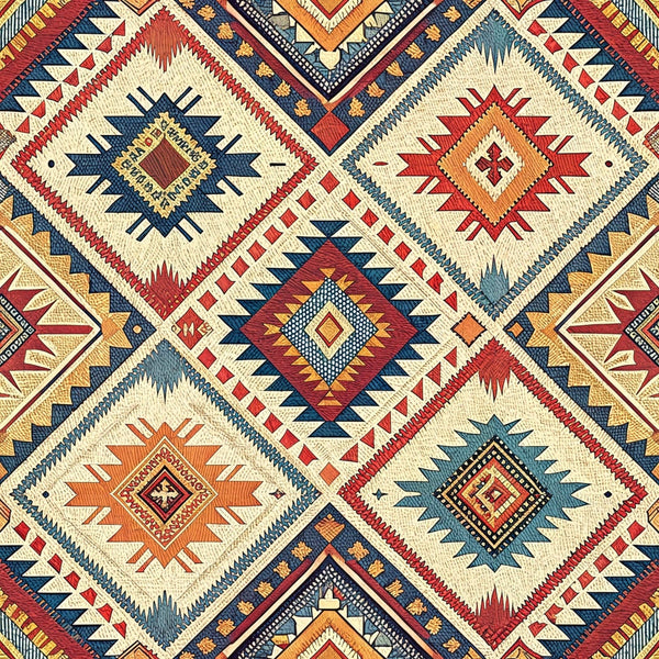 turkish kilim, geometric patterns, diamond motifs, star designs, burgundy red, navy blue, cream beige, orange rust, tribal patterns, southwestern style, ethnic designs,, fabric panel, intricate borders, medallion motifs, earth tones, woven appearance, folk art, ornamental designs, decorative elements
