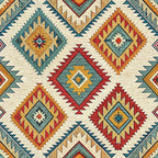 turkish kilim, geometric patterns, diamond motifs, southwestern style, tribal designs, cream background, teal blue, rust orange, burgundy red, golden yellow, intricate borders, zigzag patterns, star motifs, native american inspired, ethnic textiles,, fabric panel, earthy tones, repeating medallions, angular designs