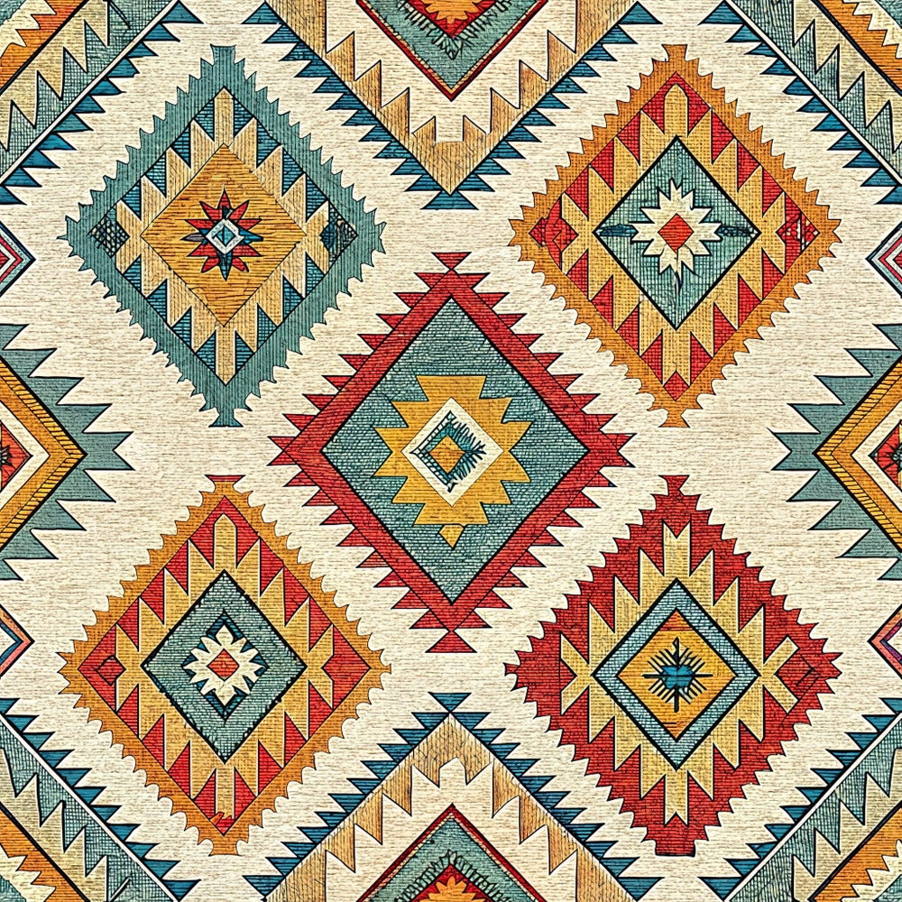 turkish kilim, geometric patterns, diamond motifs, southwestern style, tribal designs, cream background, teal blue, rust orange, burgundy red, golden yellow, intricate borders, zigzag patterns, star motifs, native american inspired, ethnic textiles,, fabric panel, earthy tones, repeating medallions, angular designs