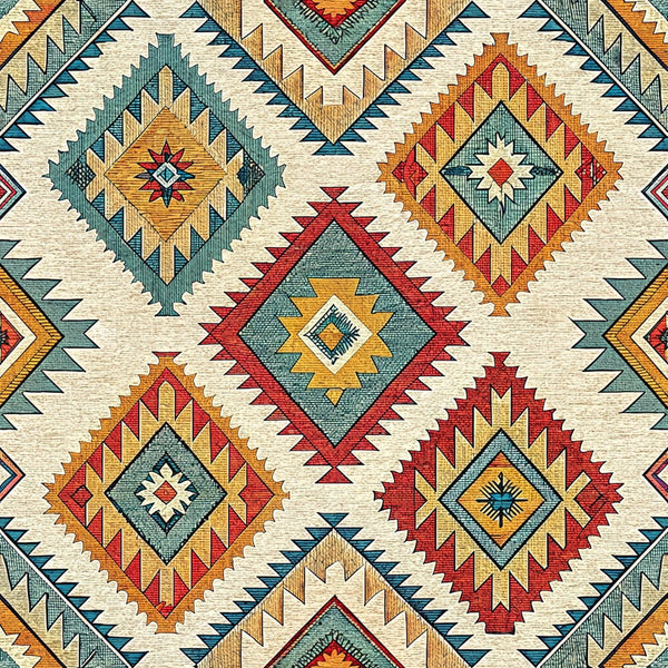 turkish kilim, geometric patterns, diamond motifs, southwestern style, tribal designs, cream background, teal blue, rust orange, burgundy red, golden yellow, intricate borders, zigzag patterns, star motifs, native american inspired, ethnic textiles,, fabric panel, earthy tones, repeating medallions, angular designs