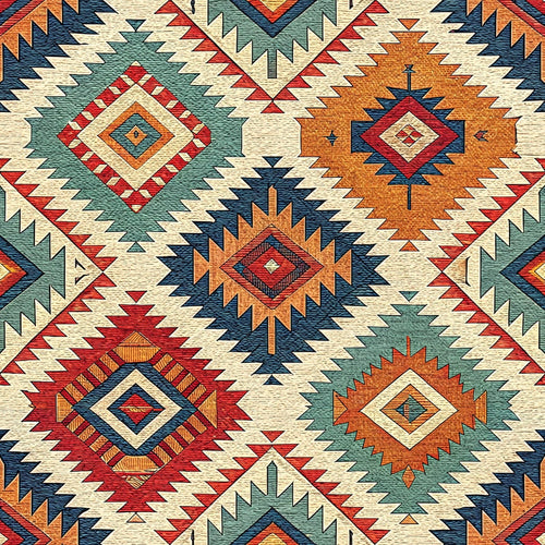 turkish kilim, geometric patterns, diamond motifs, star designs, tribal patterns, southwestern style, navy blue, rust orange, sage green, cream white, burgundy red, zigzag borders, concentric diamonds, ethnic textiles,, fabric panel, native american inspired, angular shapes, repetitive motifs, folk art