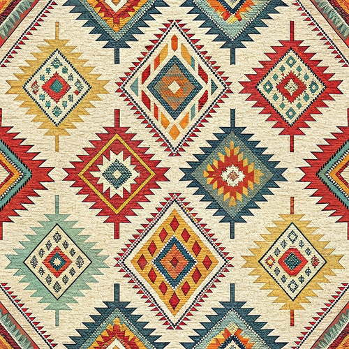 turkish kilim, geometric patterns, diamond motifs, southwestern style, native american inspired, tribal designs, red, orange, teal, cream, beige, gold, burgundy, sage green, zigzag borders, star patterns,, fabric panel, bohemian, ethnic textiles, woven appearance, desert colors, rustic style, folk art, medallion designs