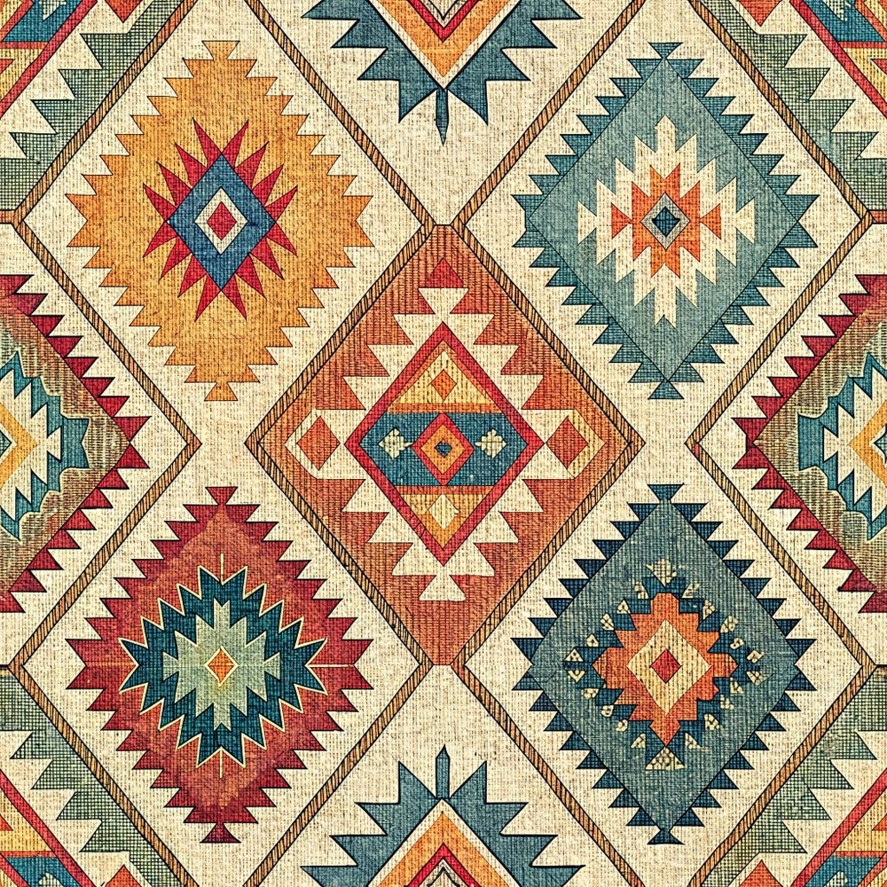 turkish kilim, geometric patterns, diamond motifs, star designs, rust orange, teal blue, burgundy red, cream beige, tribal patterns, southwestern style, ethnic motifs,, fabric panel, angular designs, folk art, textile pattern, earthy tones, repetitive blocks, native american inspired, decorative squares