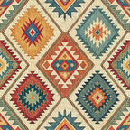 turkish kilim, geometric patterns, diamond motifs, star designs, rust orange, teal blue, burgundy red, cream beige, tribal patterns, southwestern style, ethnic motifs,, fabric panel, angular designs, folk art, textile pattern, earthy tones, repetitive blocks, native american inspired, decorative squares