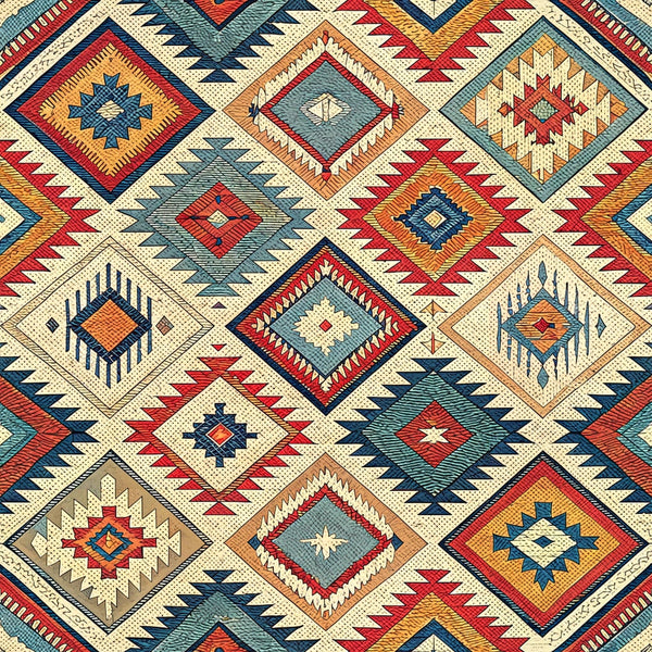 turkish kilim, geometric patterns, diamond motifs, southwestern style, tribal designs, red, navy blue, orange, cream, beige, teal,, fabric panel, repeating pattern, ethnic motifs, star patterns, zigzag borders, folk art, textile design, crafting fabric