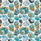 Pattern featuring various watercolor gemstones in shades of blue, orange, and gray on a white background.