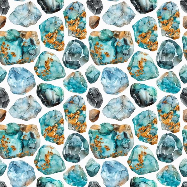 Pattern featuring various watercolor gemstones in shades of blue, orange, and gray on a white background.