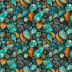 Pattern of assorted turquoise, orange, and dark gray stones with various sizes and shapes, forming a seamless, textured surface.