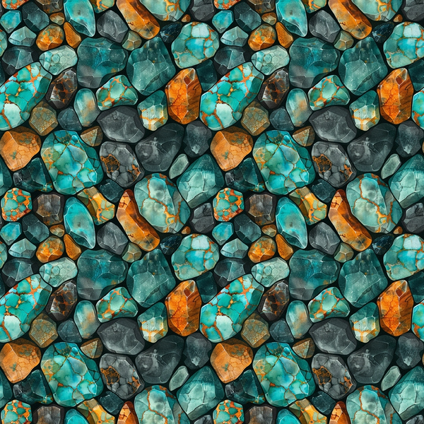 Pattern of assorted turquoise, orange, and dark gray stones with various sizes and shapes, forming a seamless, textured surface.