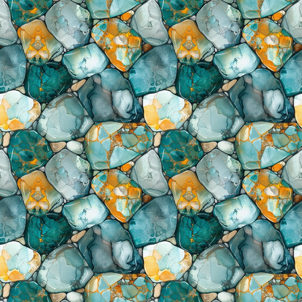 Abstract pattern with hexagonal shapes in teal, gray, and orange tones, resembling a mosaic or stained glass texture.