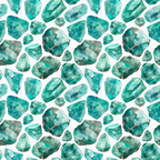 Pattern of watercolor teal gemstones in various shapes on a white background.