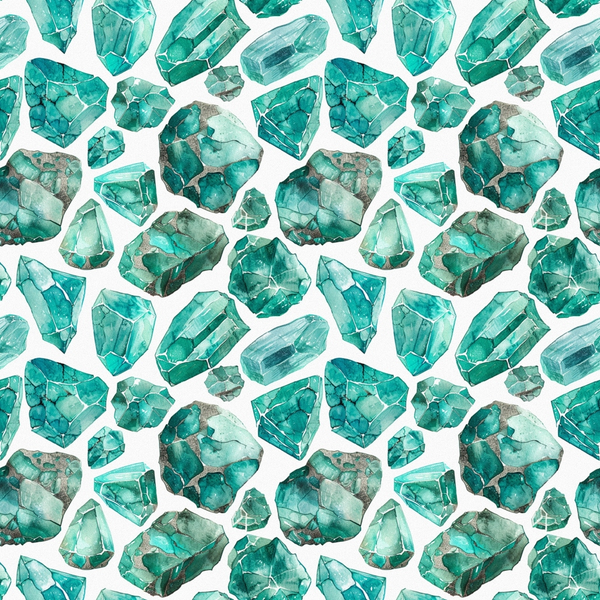 Pattern of watercolor teal gemstones in various shapes on a white background.