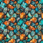 A seamless pattern of colorful gemstones, featuring vibrant turquoise and orange hues.