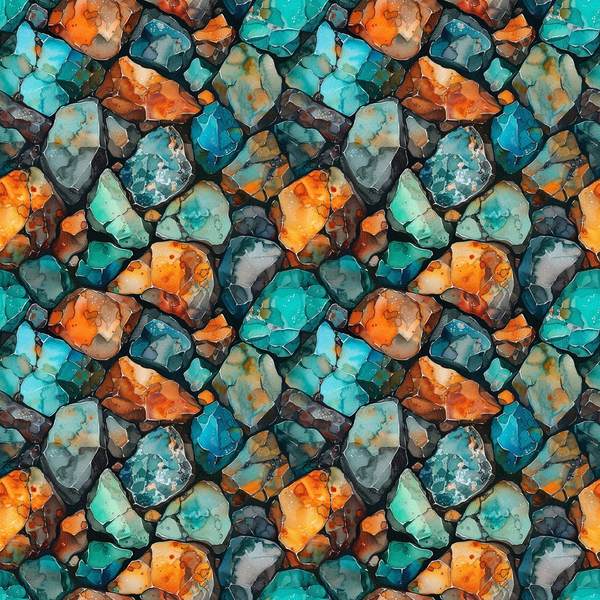 A seamless pattern of colorful gemstones, featuring vibrant turquoise and orange hues.