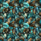 A pattern of various blue and brown crystals arranged closely together, showcasing their multifaceted surfaces and natural formations.