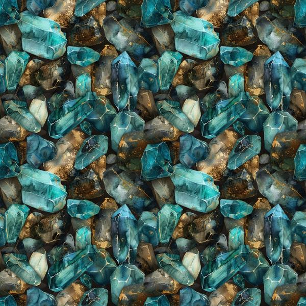A pattern of various blue and brown crystals arranged closely together, showcasing their multifaceted surfaces and natural formations.