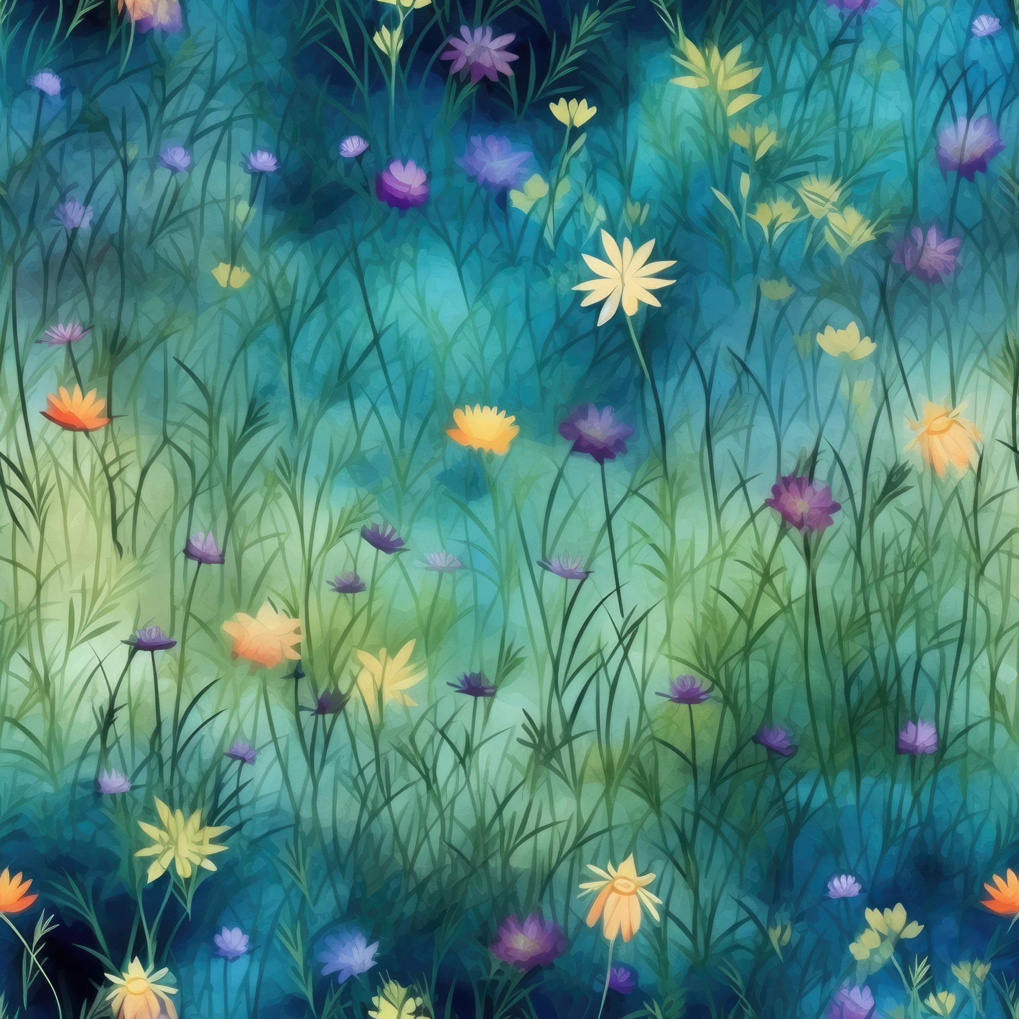 teal, turquoise, purple, orange, yellow, green, wildflowers, meadow, grass, floral pattern, botanical design, nature scene, dreamy atmosphere, twilight colors,, fabric panel, whimsical style, soft gradients, field flowers, artistic blooms