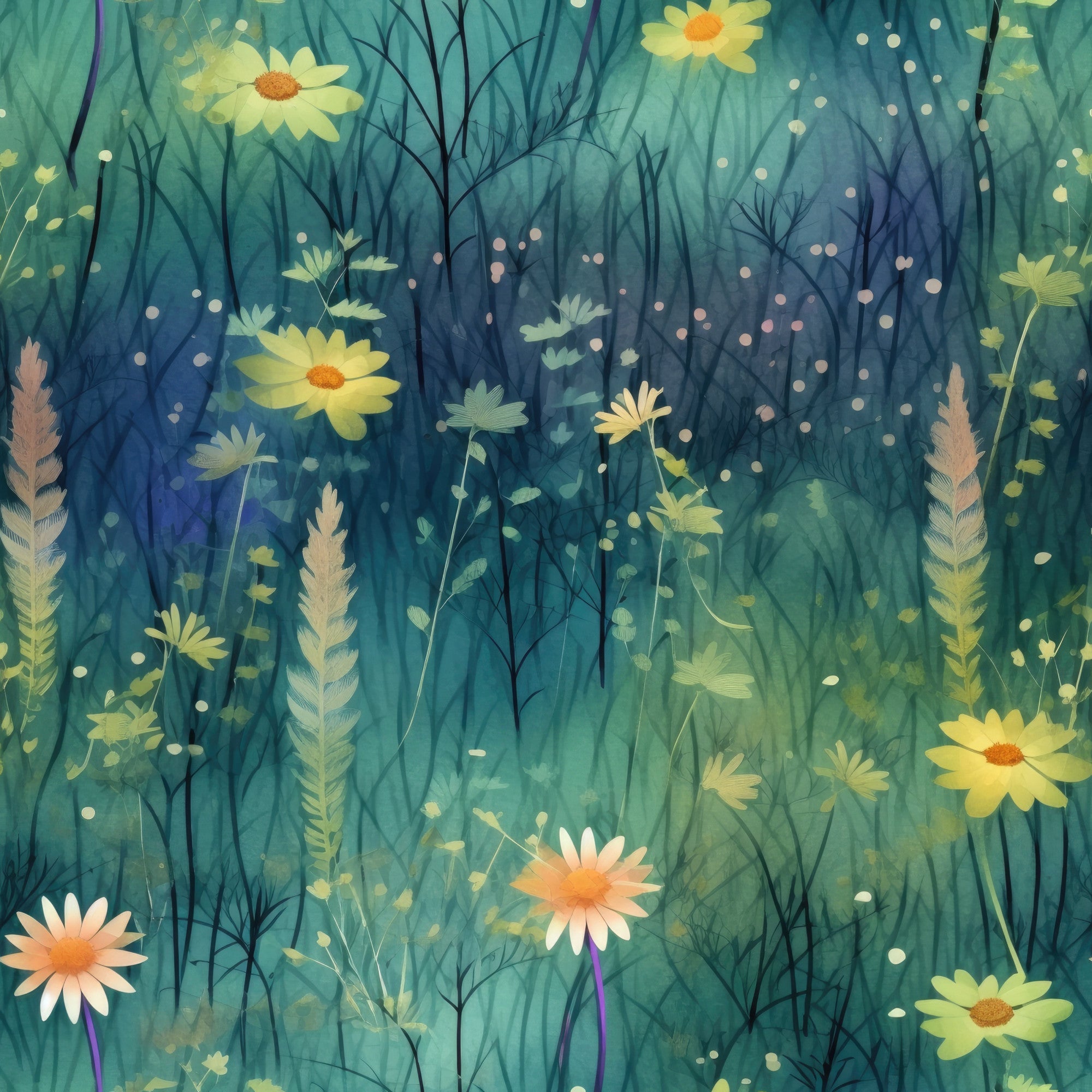 teal, turquoise, yellow, peach, coral, wildflowers, daisies, wheat stalks, grass silhouettes, meadow scene, botanical print, nature motif, twilight colors, whimsical florals, scattered dots, layered design,, fabric panel, dreamy atmosphere, soft watercolor style