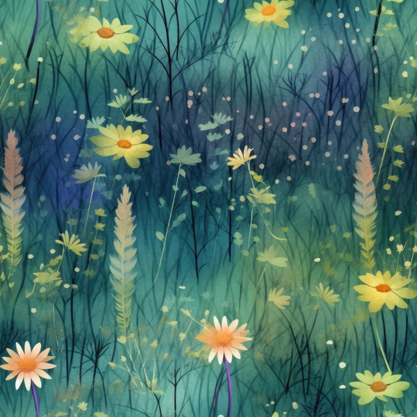 teal, turquoise, yellow, peach, coral, wildflowers, daisies, wheat stalks, grass silhouettes, meadow scene, botanical print, nature motif, twilight colors, whimsical florals, scattered dots, layered design,, fabric panel, dreamy atmosphere, soft watercolor style