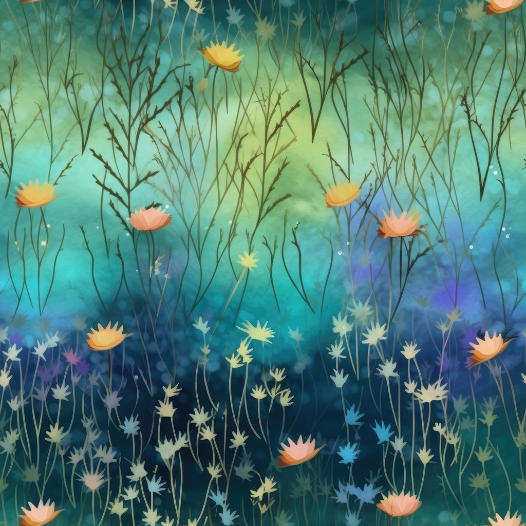 twilight meadow, teal blue, sage green, coral pink, golden yellow, watercolor flowers, botanical pattern, dreamy atmosphere, nature scene, wildflowers, gradient background, soft pastels,, fabric panel, whimsical florals, evening garden, artistic blooms, peaceful mood, meadow grass, floral silhouettes