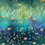 twilight meadow, teal blue, sage green, coral pink, golden yellow, watercolor flowers, botanical pattern, dreamy atmosphere, nature scene, wildflowers, gradient background, soft pastels,, fabric panel, whimsical florals, evening garden, artistic blooms, peaceful mood, meadow grass, floral silhouettes