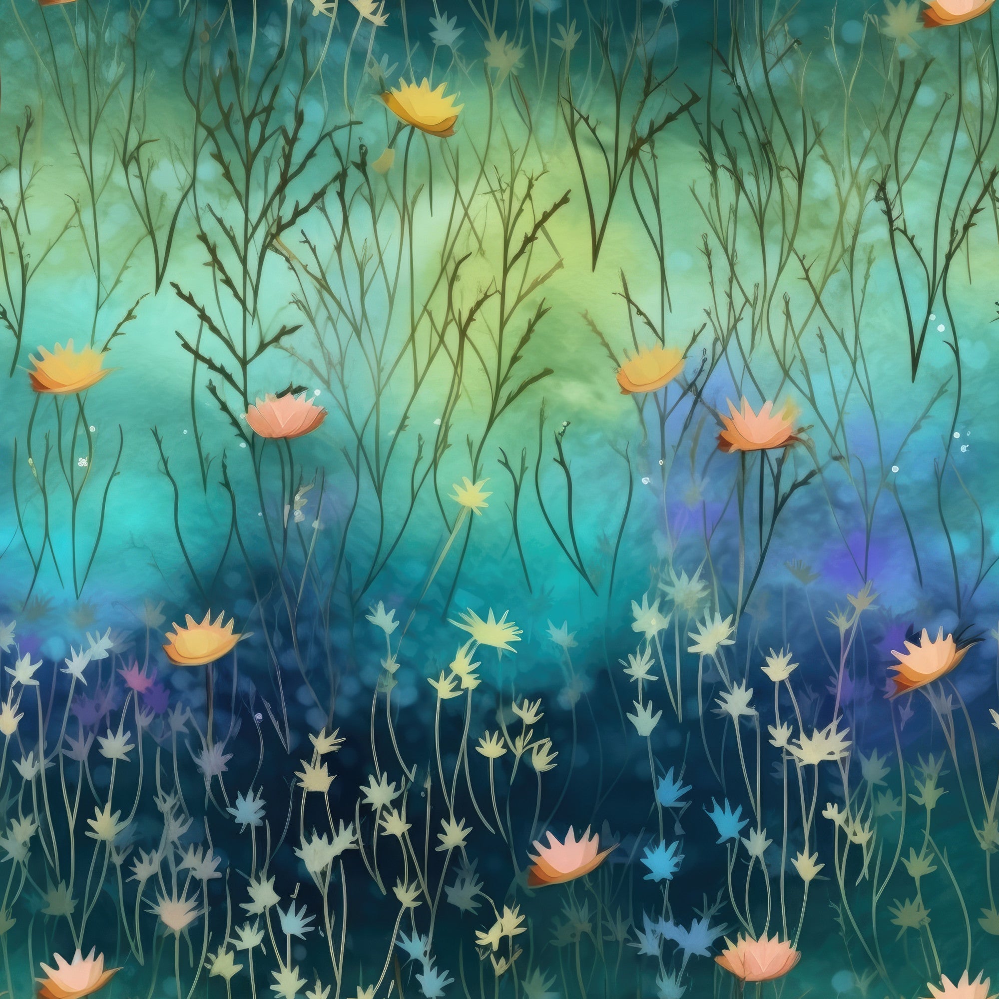 twilight meadow, teal blue, sage green, coral pink, golden yellow, watercolor flowers, botanical pattern, dreamy atmosphere, nature scene, wildflowers, gradient background, soft pastels,, fabric panel, whimsical florals, evening garden, artistic blooms, peaceful mood, meadow grass, floral silhouettes