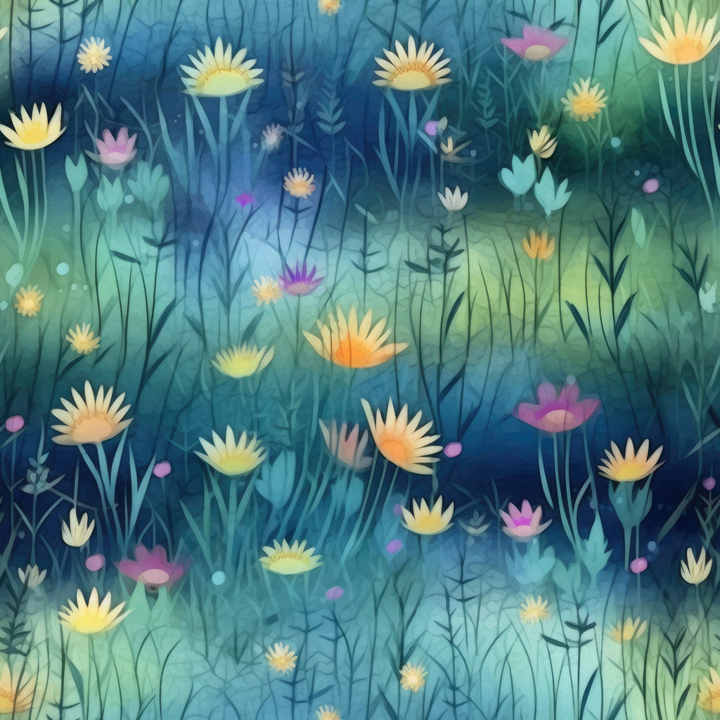 twilight blue, aqua green, yellow flowers, purple blooms, wildflower meadow, daisy blossoms, botanical pattern, dreamy atmosphere, gradient background,, fabric panel, nature scene, floral design, watercolor style, evening light, garden flowers, soft petals, organic shapes, whimsical florals