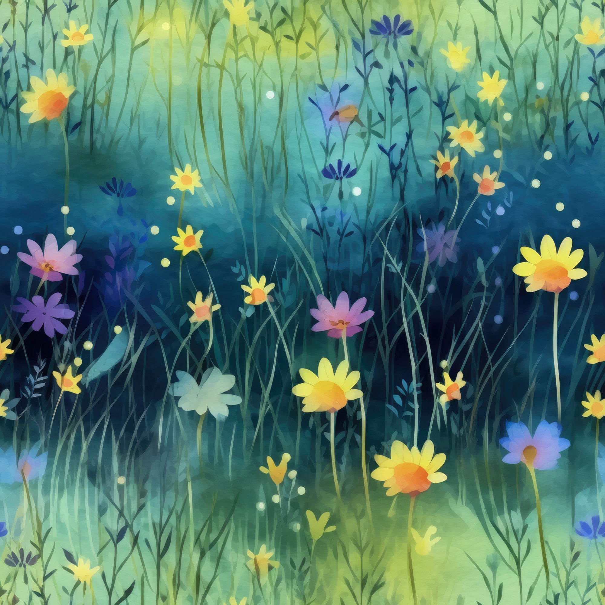 twilight meadow, wildflowers, yellow daisies, purple flowers, blue blossoms, green grass, teal background, gradient colors, nature scene, botanical design, floral pattern, dreamy atmosphere, ethereal mood,, fabric panel, spring flowers, meadow grass, soft lighting, whimsical style, pastoral scene