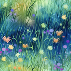 twilight meadow,, fabric panel, wildflowers, grass silhouettes, blue green gradient, purple blooms, yellow flowers, orange blossoms, dreamy atmosphere, botanical design, nature scene, meadow grass, scattered florals, soft lighting, ethereal mood, field of flowers, pastel tones, whimsical pattern, cotton fabric