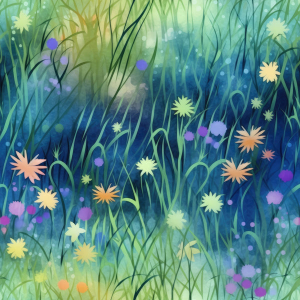 twilight meadow,, fabric panel, wildflowers, grass silhouettes, blue green gradient, purple blooms, yellow flowers, orange blossoms, dreamy atmosphere, botanical design, nature scene, meadow grass, scattered florals, soft lighting, ethereal mood, field of flowers, pastel tones, whimsical pattern, cotton fabric