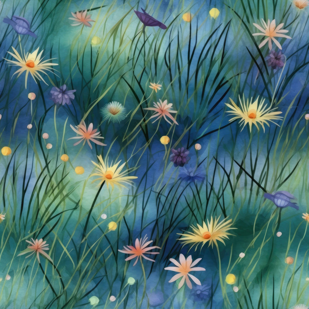 twilight meadow, wildflowers, grass blades, blue green background, purple flowers, yellow blooms, pink blossoms, white daisies, orange centers, ethereal glow, dreamy atmosphere, nature scene, botanical print,, fabric panel, evening light, meadow grass, floral motif, watercolor style, soft pastels