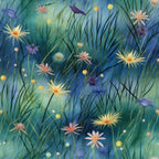 twilight meadow, wildflowers, grass blades, blue green background, purple flowers, yellow blooms, pink blossoms, white daisies, orange centers, ethereal glow, dreamy atmosphere, nature scene, botanical print,, fabric panel, evening light, meadow grass, floral motif, watercolor style, soft pastels