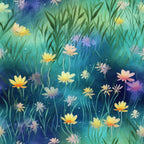 twilight meadow, wildflowers, daisy flowers, blue gradient, teal background, purple hues, yellow blooms, white flowers, pink accents, grass silhouettes, dreamy atmosphere, botanical design, watercolor style, ethereal mood,, fabric panel, nature scene, evening garden, soft pastels, floral motifs