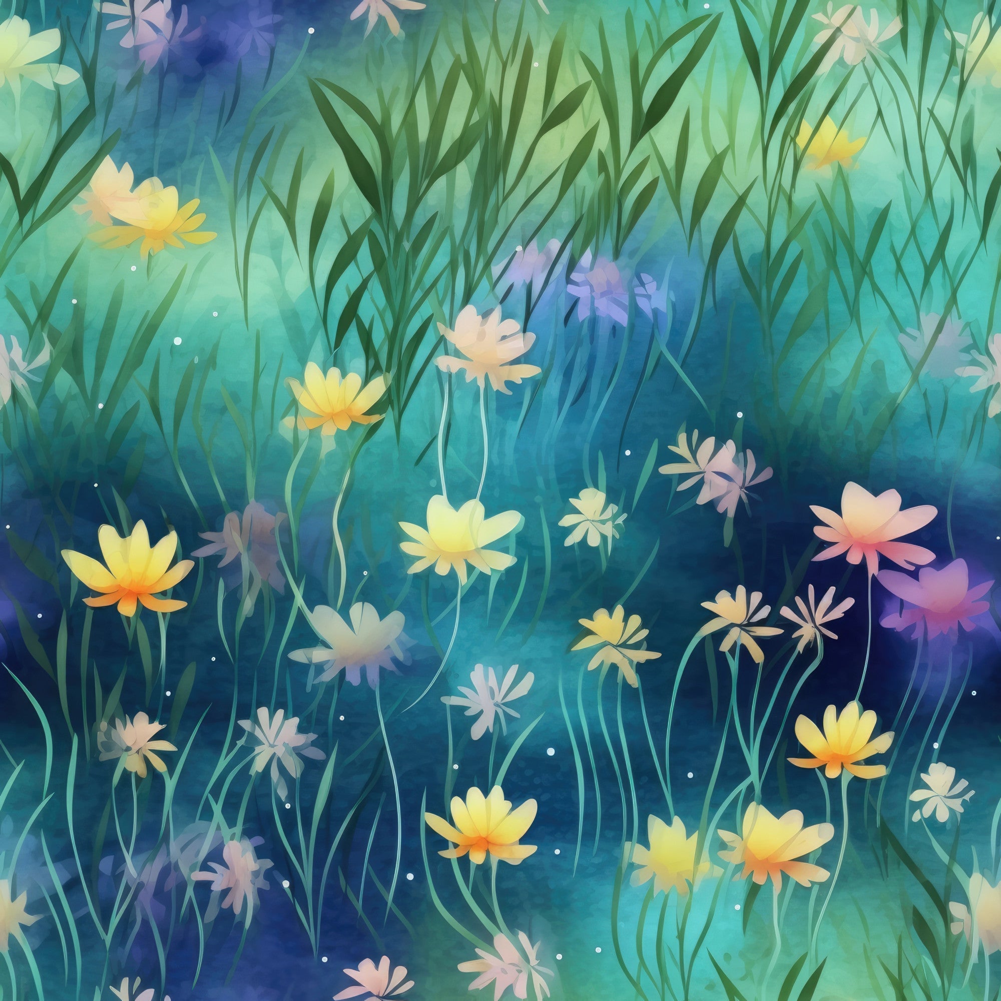 twilight meadow, wildflowers, daisy flowers, blue gradient, teal background, purple hues, yellow blooms, white flowers, pink accents, grass silhouettes, dreamy atmosphere, botanical design, watercolor style, ethereal mood,, fabric panel, nature scene, evening garden, soft pastels, floral motifs