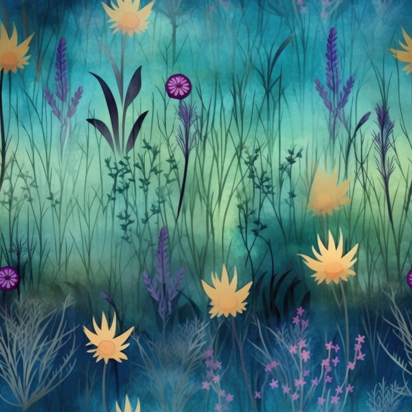 turquoise, teal, purple, yellow, orange, meadow flowers, wildflowers, grass silhouettes, botanical design, nature pattern, twilight colors, gradient background, floral motifs,, fabric panel, dreamy atmosphere, stylized flowers, layered vegetation, sunset hues, whimsical flora
