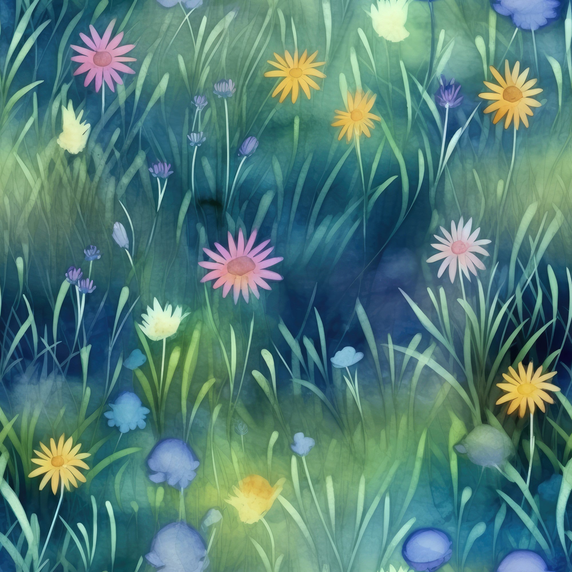 twilight meadow, wildflowers, daisy blooms, purple flowers, yellow flowers, pink flowers, white flowers, blue flowers, grass meadow, watercolor style, dreamy atmosphere, botanical pattern, floral design,, fabric panel, soft pastels, nature scene, evening light, whimsical florals, meadow grass