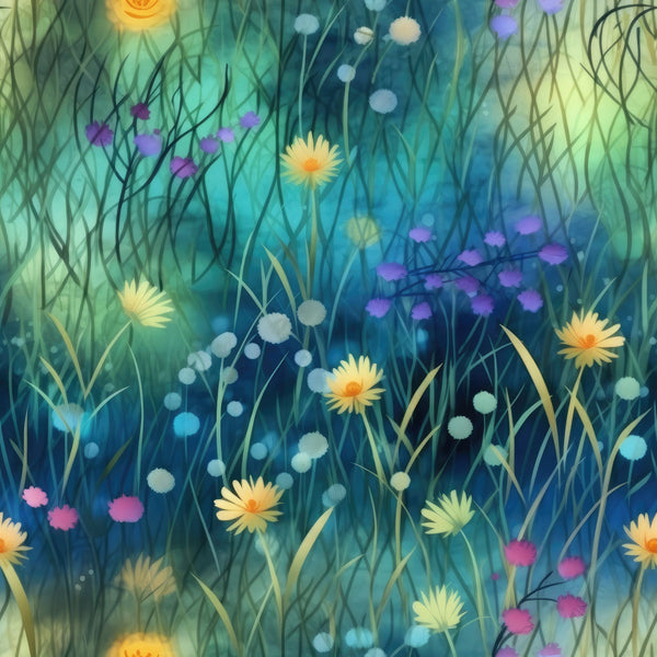 teal, turquoise, yellow, purple, pink, white, wildflowers, meadow scene, grasses, dandelions, floral pattern, dreamy atmosphere, soft focus, botanical design,, fabric panel, nature motif, spring flowers, artistic rendering, twilight colors