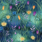 twilight meadow, floral pattern, teal blue, purple flowers, yellow blooms, orange buds, botanical design, wildflowers, grass stems, nature scene,, fabric panel, dreamy atmosphere, evening garden, mixed florals, layered vegetation, artistic florals, meadow grass, blooming field, soft lighting