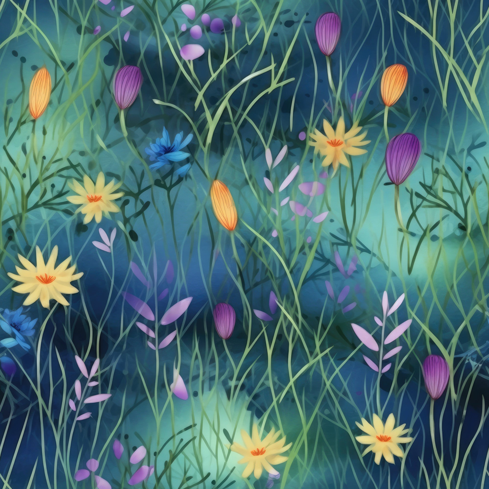 twilight meadow, floral pattern, teal blue, purple flowers, yellow blooms, orange buds, botanical design, wildflowers, grass stems, nature scene,, fabric panel, dreamy atmosphere, evening garden, mixed florals, layered vegetation, artistic florals, meadow grass, blooming field, soft lighting