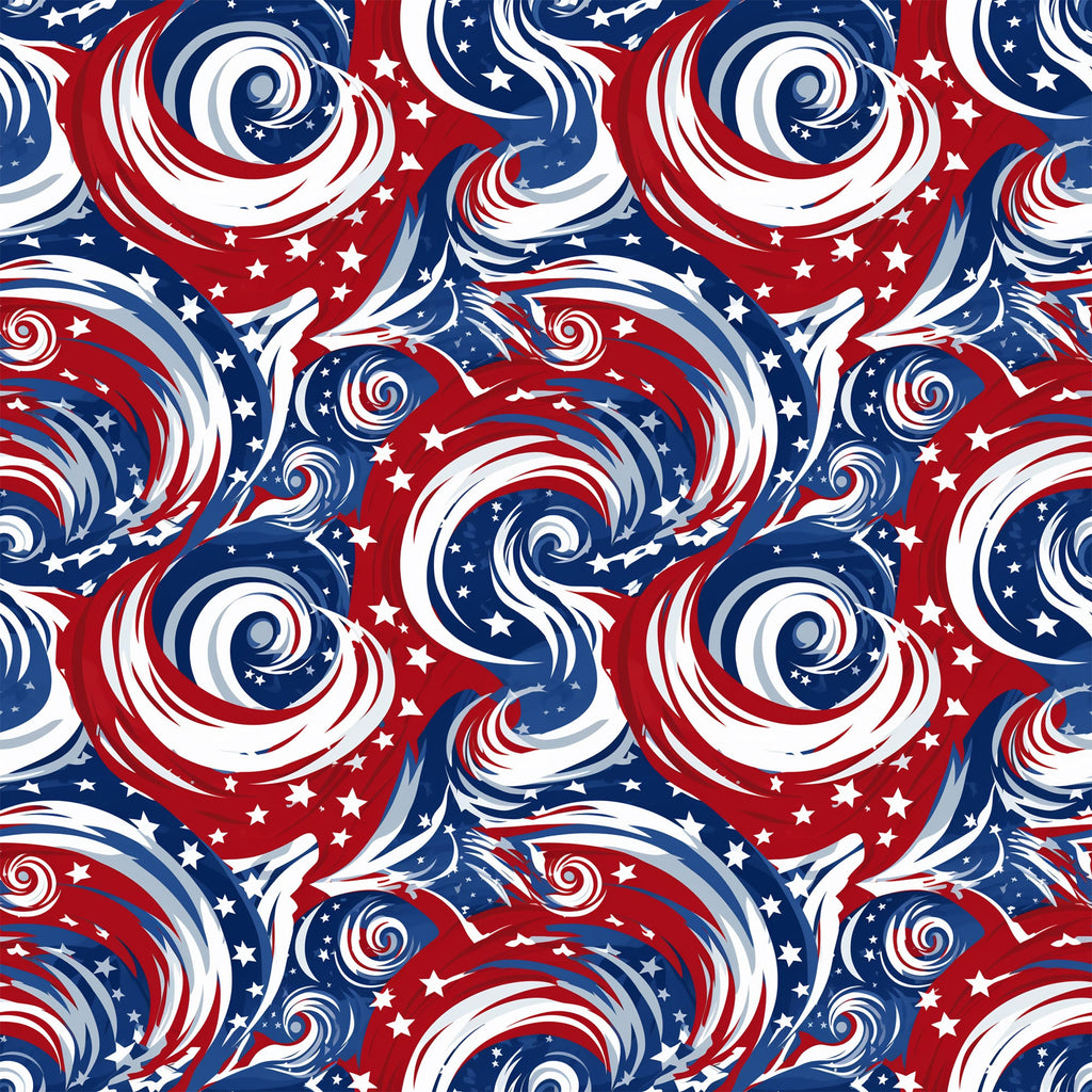 red, white, blue, patriotic, swirls, spirals, stars, american flag colors, flowing patterns, dynamic movement,, fabric panel, usa theme, independence day, fourth of july, circular motifs, wavy lines, festive, americana, repeating pattern