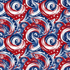 red, white, blue, patriotic, swirls, spirals, stars, american flag colors, flowing patterns, dynamic movement,, fabric panel, usa theme, independence day, fourth of july, circular motifs, wavy lines, festive, americana, repeating pattern