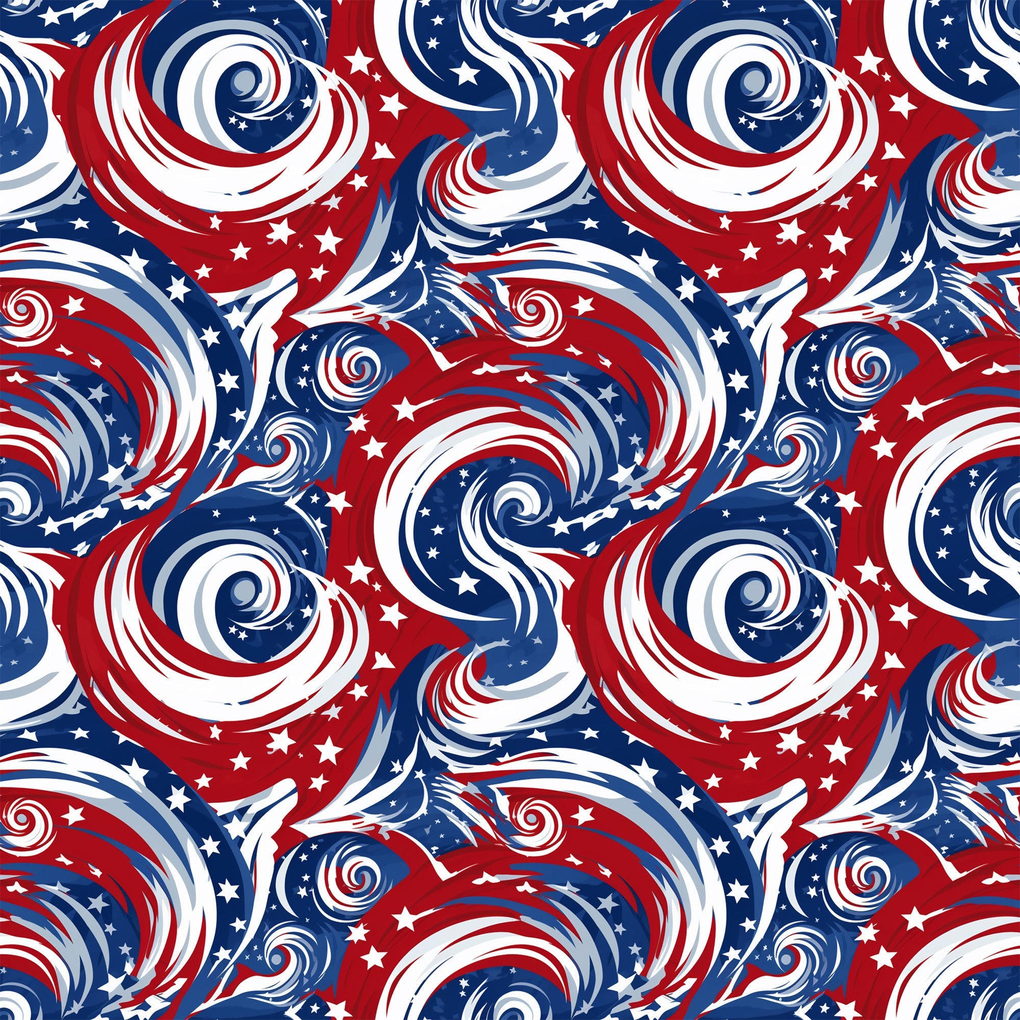 red, white, blue, patriotic, swirls, spirals, stars, american flag colors, flowing patterns, dynamic movement,, fabric panel, usa theme, independence day, fourth of july, circular motifs, wavy lines, festive, americana, repeating pattern