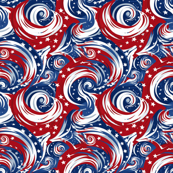 red, white, blue, patriotic, swirls, spirals, stars, american flag colors, flowing patterns, dynamic movement,, fabric panel, usa theme, independence day, fourth of july, circular motifs, wavy lines, festive, americana, repeating pattern
