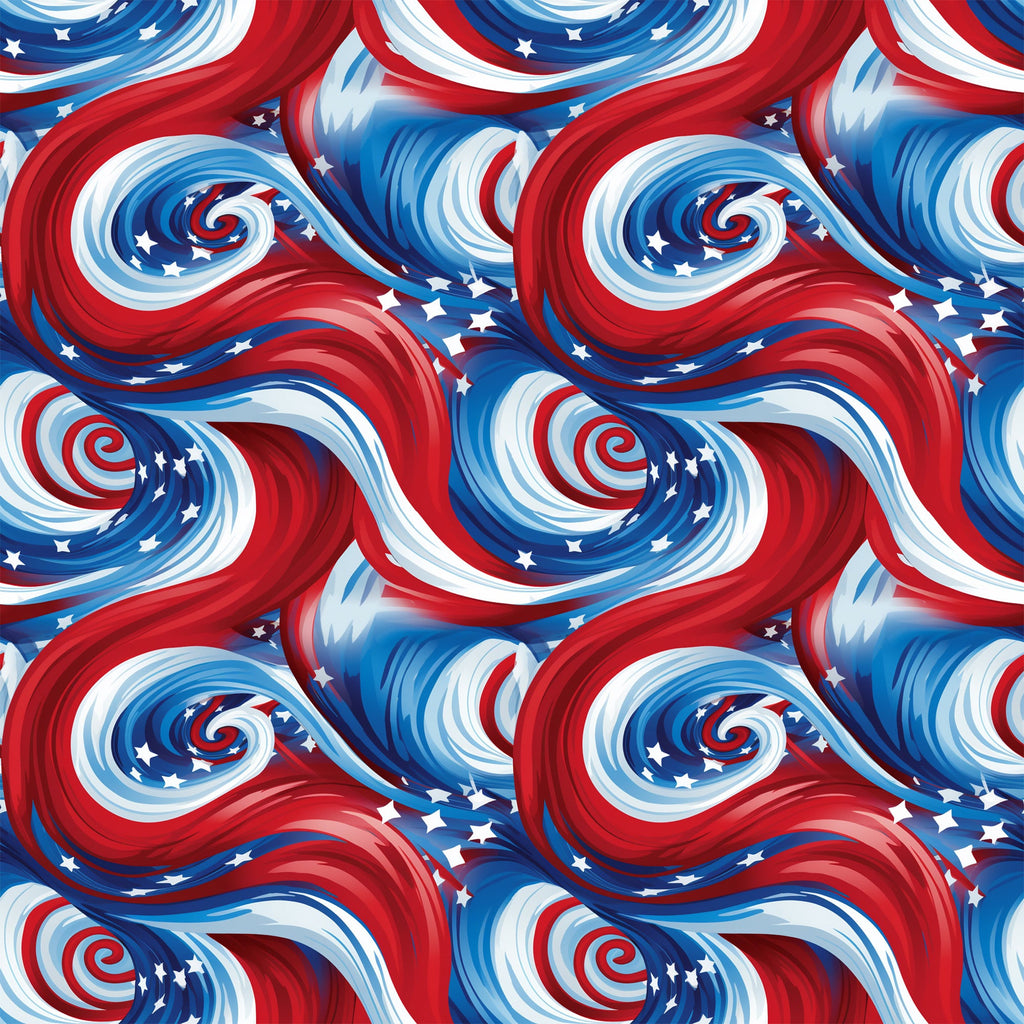 red, white, blue, patriotic swirls, spiral pattern, stars, american flag colors, flowing ribbons, dynamic movement,, fabric panel, fourth of july, independence day, wavy design, celestial stars, repeating pattern, usa theme, swirling motifs, patriotic fabric, cotton material