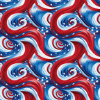 red, white, blue, patriotic swirls, spiral pattern, stars, american flag colors, flowing ribbons, dynamic movement,, fabric panel, fourth of july, independence day, wavy design, celestial stars, repeating pattern, usa theme, swirling motifs, patriotic fabric, cotton material