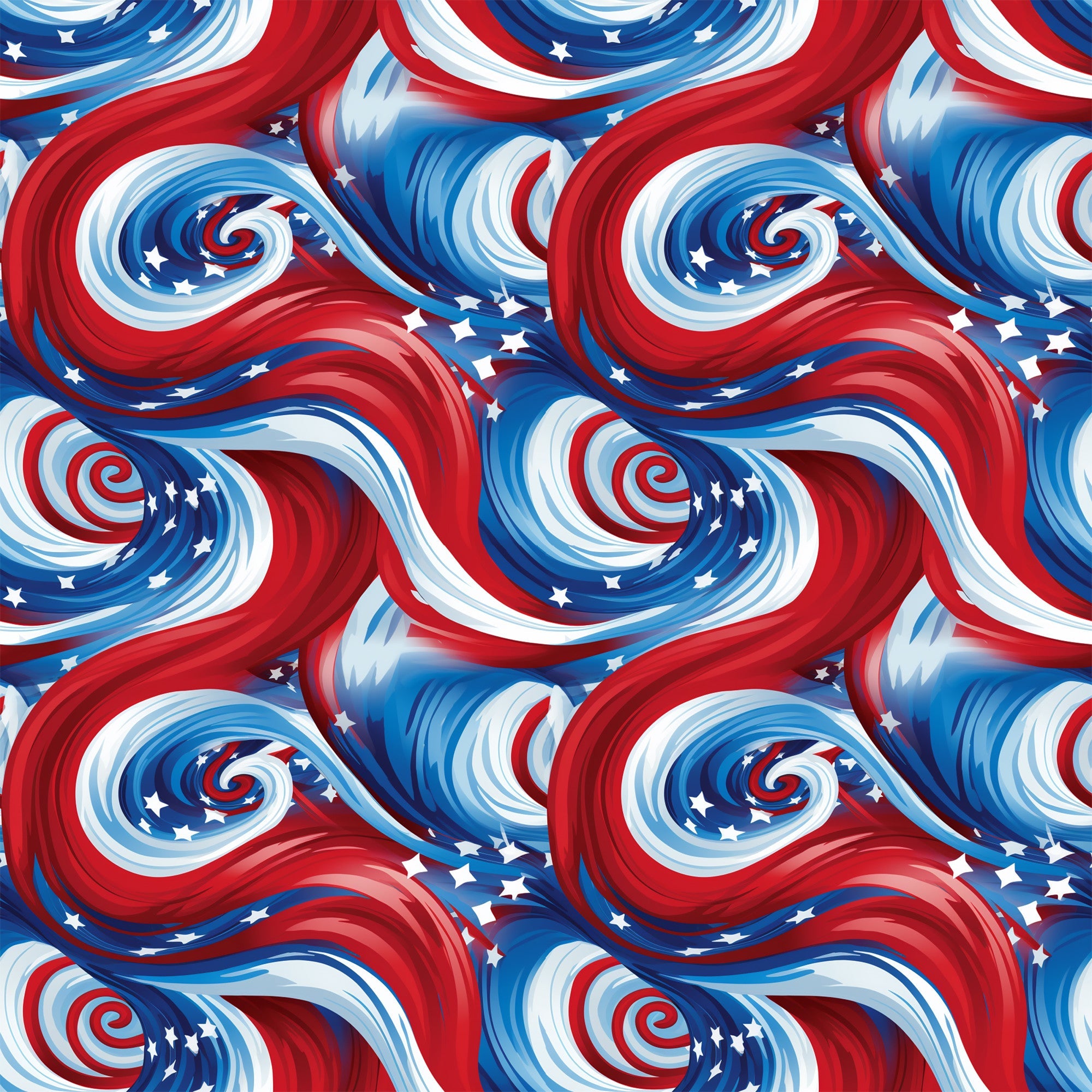 red, white, blue, patriotic swirls, spiral pattern, stars, american flag colors, flowing ribbons, dynamic movement,, fabric panel, fourth of july, independence day, wavy design, celestial stars, repeating pattern, usa theme, swirling motifs, patriotic fabric, cotton material