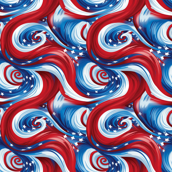 red, white, blue, patriotic swirls, spiral pattern, stars, american flag colors, flowing ribbons, dynamic movement,, fabric panel, fourth of july, independence day, wavy design, celestial stars, repeating pattern, usa theme, swirling motifs, patriotic fabric, cotton material
